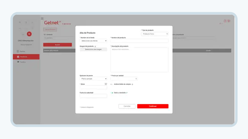 Pantalla con un popup para dar de alta un producto
